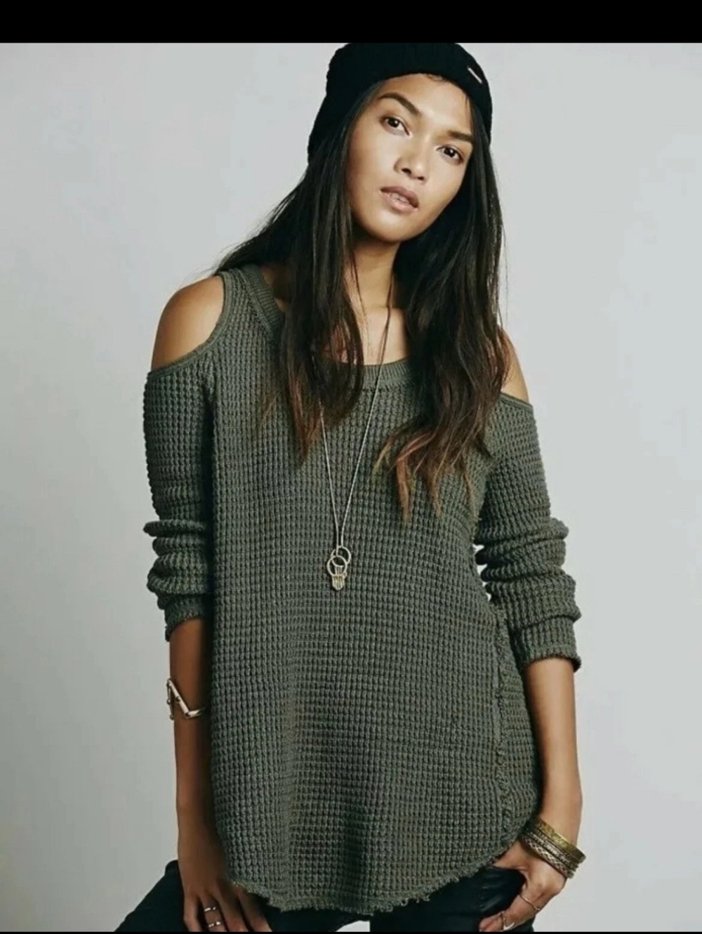 Free People Olive Green Off-the-Shoulder Waffle Knit Sweater